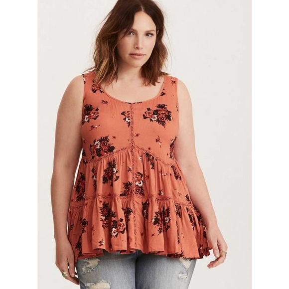 Torrid Floral Print Challie Lace inset Tank Top - Picture 1 of 11